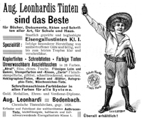 Zeitungsanzeige für Leonhardis Tinte aus dem Jahr 1907