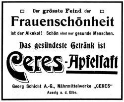 Zeitungsanzeige für Ceres-Apfelsaft aus dem Jahr 1907