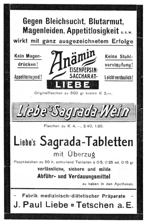 Zeitungsanzeige für Liebe's Medizin aus dem Jahr 1907