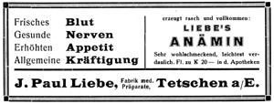 Zeitungsanzeige für Liebe's Medizin aus dem Jahr 1925