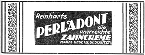 Zeitungsanzeige für Reinharts Perladont Zahncreme aus dem Jahr 1925